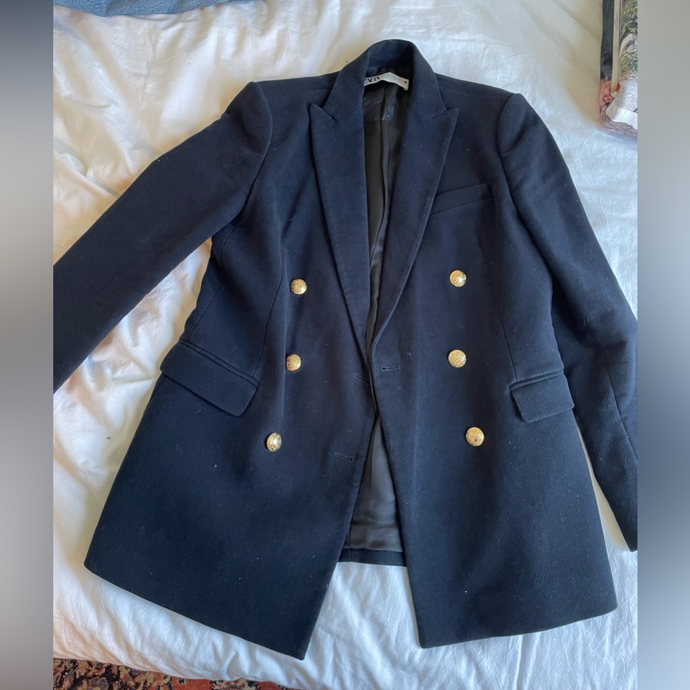 Zara faux suede blazer/suit jacket with gold buttons. Size small.